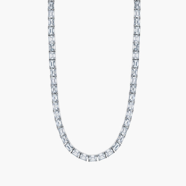 East-west emerald diamond tennis necklace in 18K white gold with 12.5ct diamonds, front view