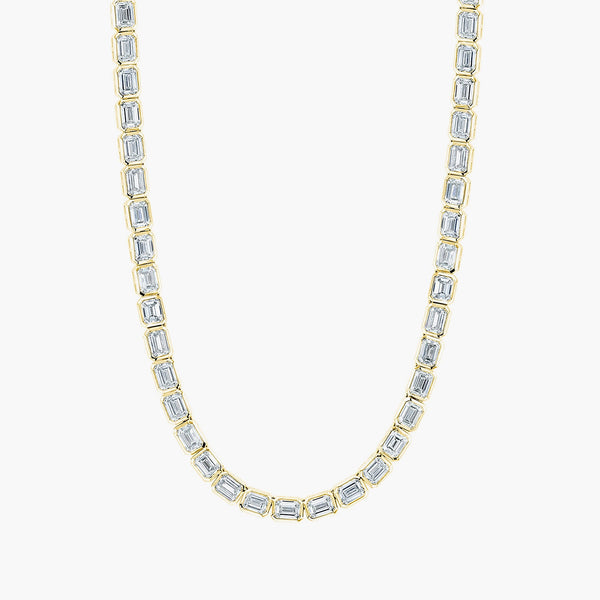 East-west emerald diamond tennis necklace in 18K yellow gold with 10ct diamonds, front view
