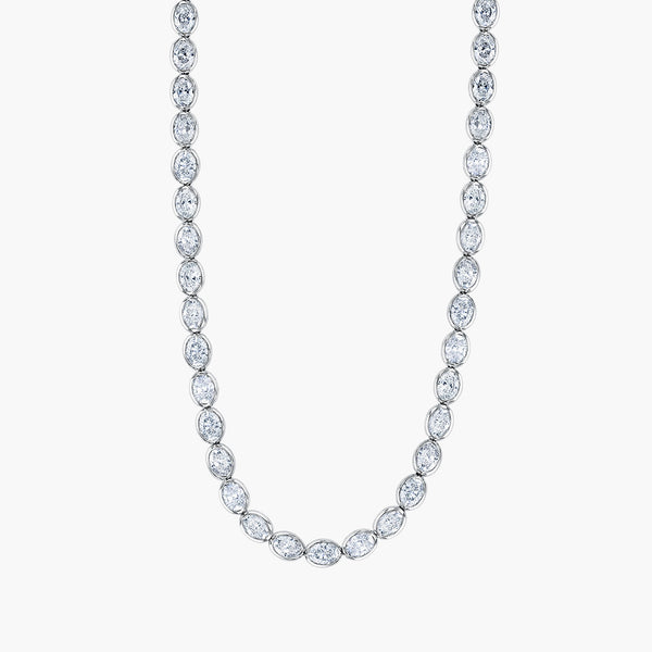 East-west oval diamond tennis necklace in 18K white gold, front view