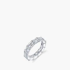 East-west emerald-cut diamond eternity band in platinum, top view