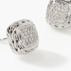 John Hardy Essentials Small Square Pave Diamond Silver Earrings
