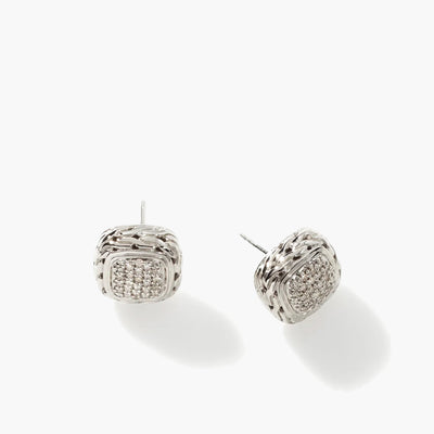 John Hardy Essentials Small Square Pave Diamond Silver Earrings - John Hardy product