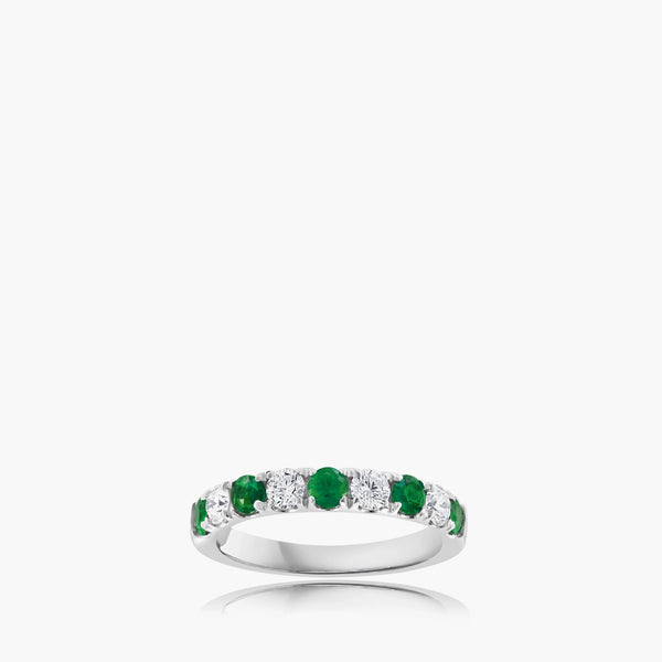 Emerald alternating band ring showing round emeralds and diamonds