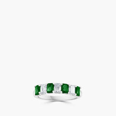 Emerald emerald-cut alternating band ring showing emeralds and diamonds