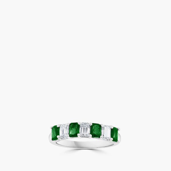 Emerald emerald-cut alternating band ring showing emeralds and diamonds