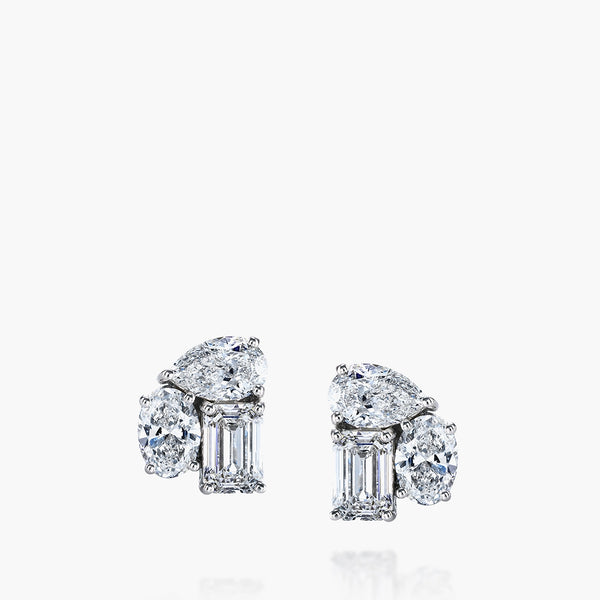 Emerald, pear and oval diamond cluster stud earrings in 18K white gold, front view