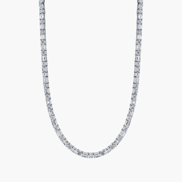 Emerald and round diamond tennis necklace in platinum with 23.55ct diamonds, front view