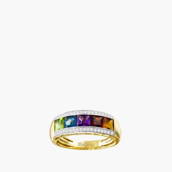 Eternal Love multi-gemstone ring in 14K yellow gold with diamonds, amethyst, blue topaz, citrine, peridot & rhodolite, front view
