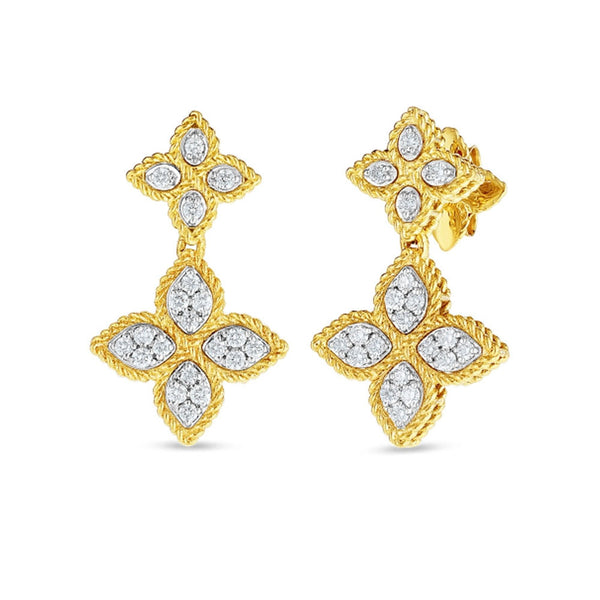 Roberto Coin Princess Flower Yellow Gold Diamond Double Drop Earrings