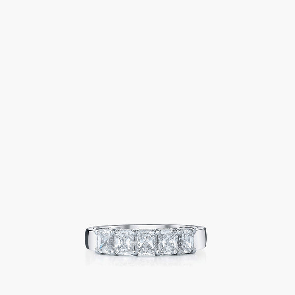 Five stone radiant-cut diamond band in platinum, front view