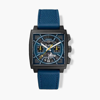 TAG Heuer Monaco Chronograph Black and Blue Dial Rubber Strap - 39mm - Tag Heuer product