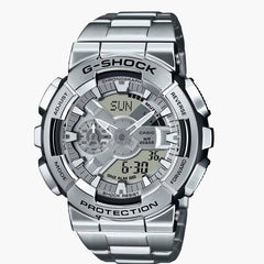 G-Shock analog-digital watch with steel bezel and silver dial, front view