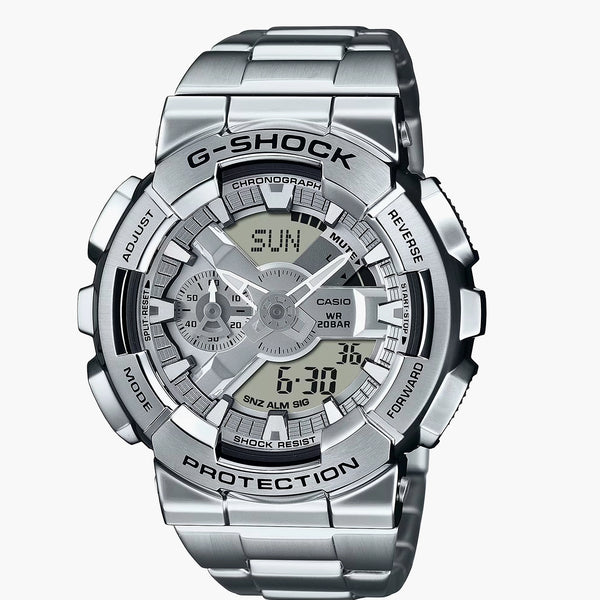 G-Shock analog-digital watch with steel bezel and silver dial, front view