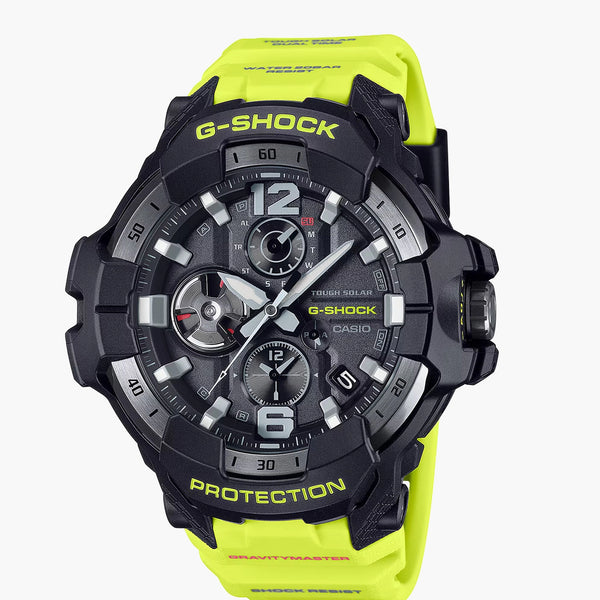G-Shock Gravitymaster aviation watch with black dial and yellow bezel, front view