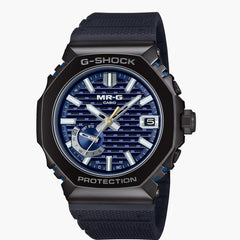 G-Shock MR-G blue-lined titanium watch with black steel bracelet, front view