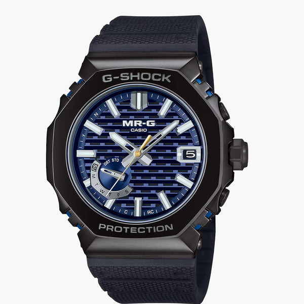G-Shock MR-G blue-lined titanium watch with black steel bracelet, front view