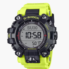 G-Shock Mudman watch with black dial and yellow strap, front view