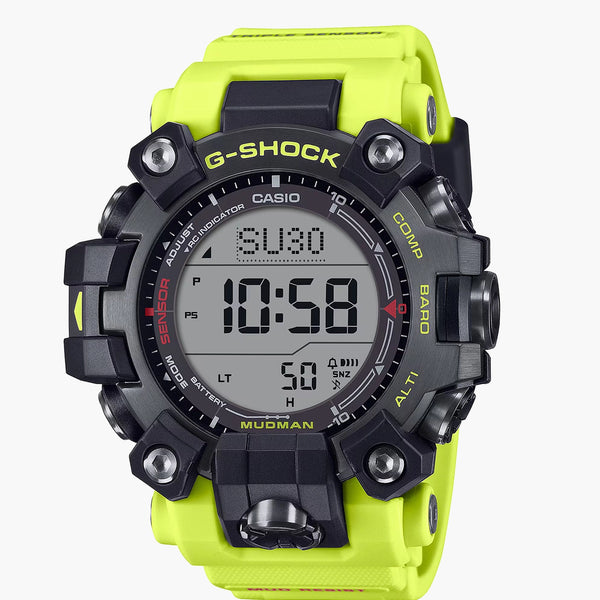 G-Shock Mudman watch with black dial and yellow strap, front view