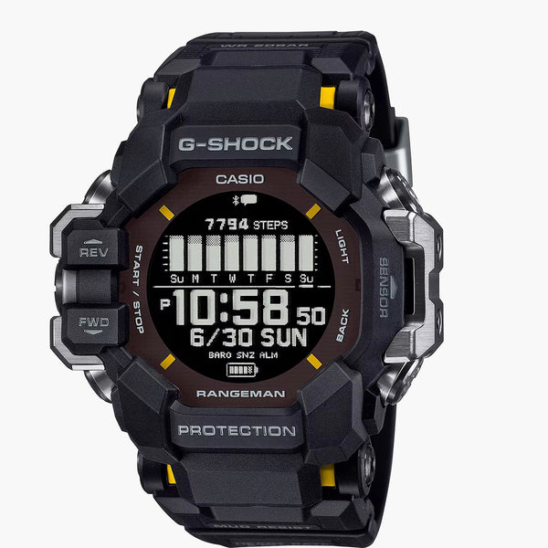 G-Shock Rangeman watch with black dial and yellow accents, front view