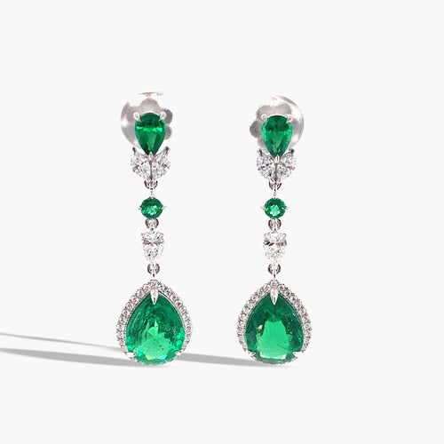 Private Label Emerald and Diamond Pear-Shaped Drop Earrings in 18K White Gold