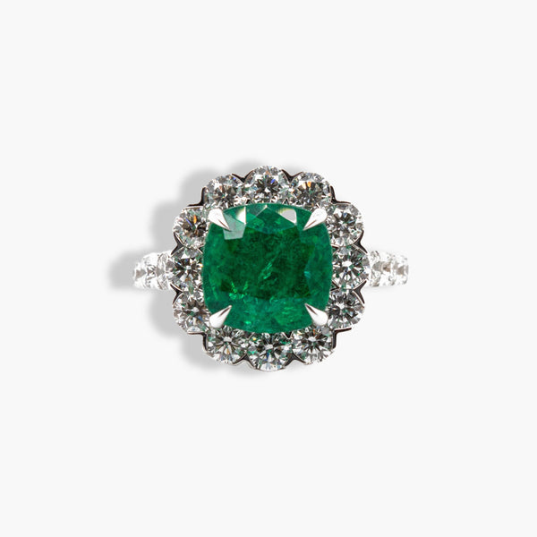 Private Label Emerald Cushion with Diamond Halo Ring in 18K White Gold