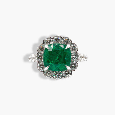 Private Label Emerald Cushion with Diamond Halo Ring in 18K White Gold - Private Label product