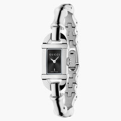 Gucci Bamboo 22mm watch with black dial and steel bangle watch, front view