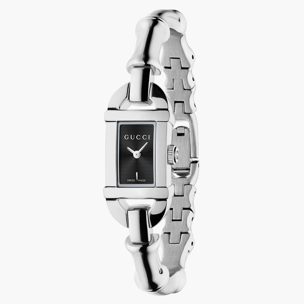 Gucci Bamboo 22mm watch with black dial and steel bangle watch, front view