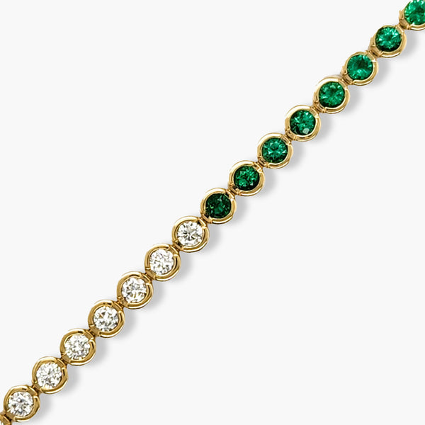 Private Label Emerald and Diamond Round Bezel Set Tennis Bracelet in 18K Yellow Gold