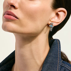John Hardy 22mm Icon Hoop Earrings in sterling silver with Swiss blue topaz, worn on ear
