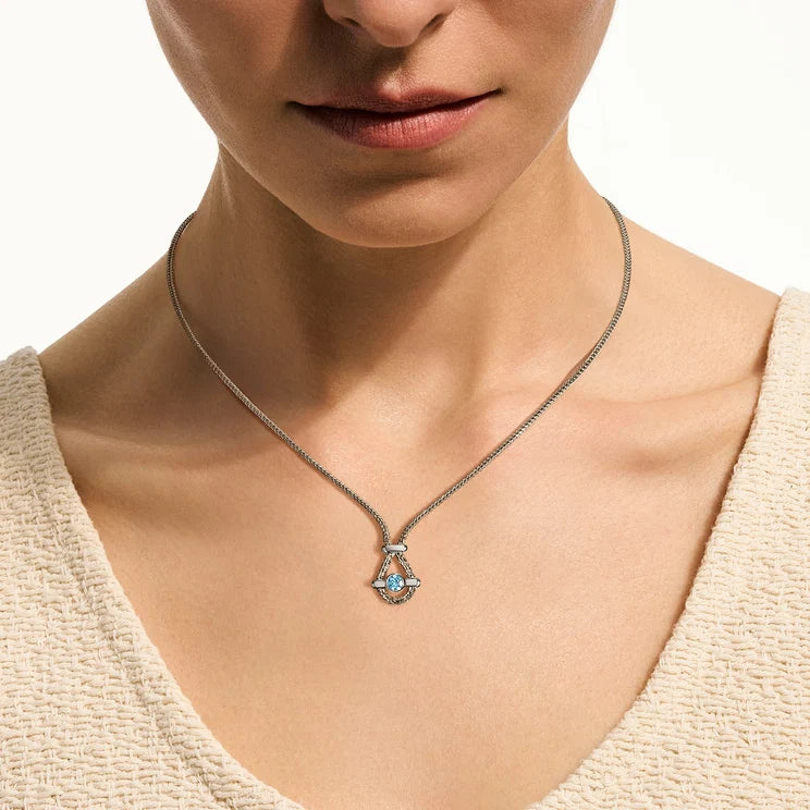 John Hardy Icon Pendant Necklace in sterling silver with Swiss blue topaz, worn at neckline