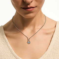 John Hardy Icon Pendant Necklace in sterling silver with Swiss blue topaz, worn at neckline