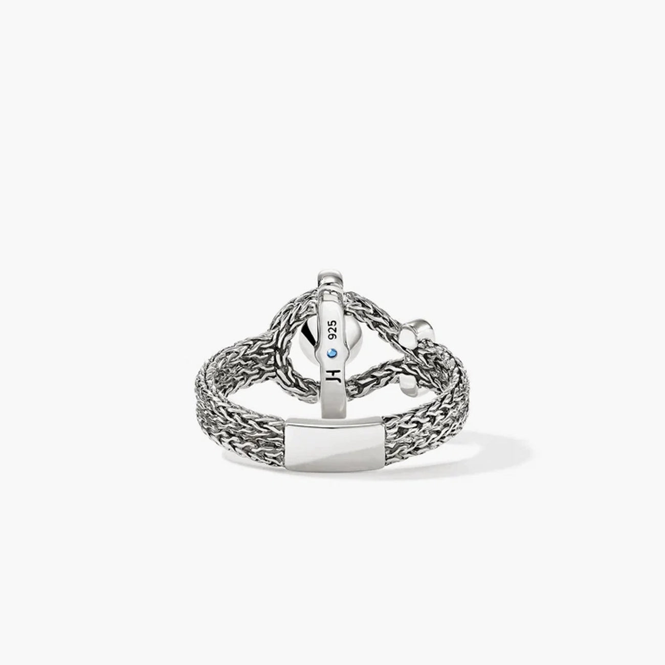 John Hardy Icon Ring in sterling silver with Swiss blue topaz, back showing engraved bar detail