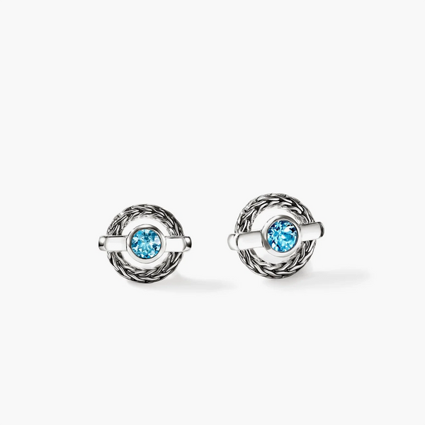 John Hardy Icon Stud Earrings in sterling silver with Swiss blue topaz, front pair view