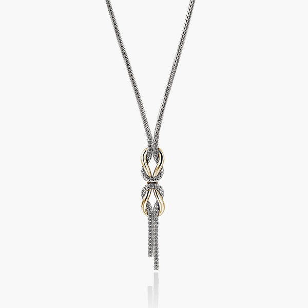 John Hardy infinite love knot two-tone gold and silver necklace with tassel, 16-18 inch adjustable