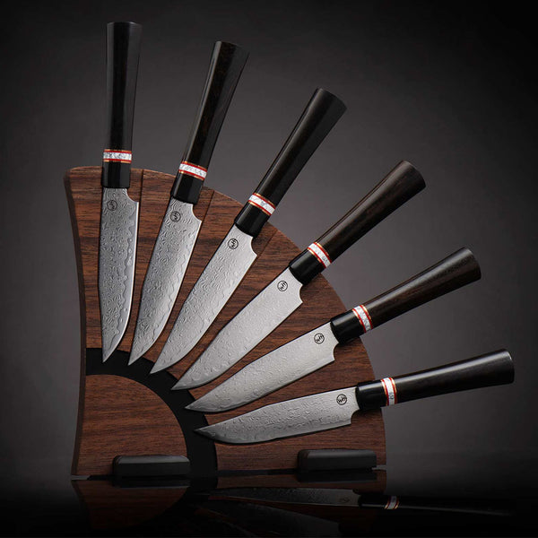 William Henry Ebony Handle Steak Knives with Walnut Base