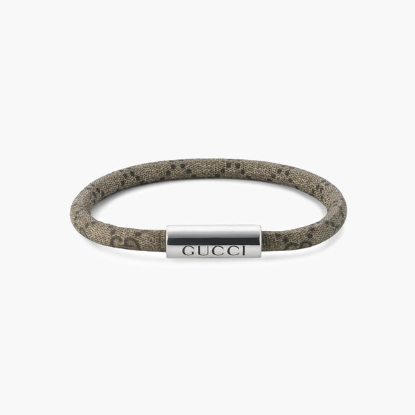Gucci Trademark Silver and Beige GG Supreme Leather Bracelet