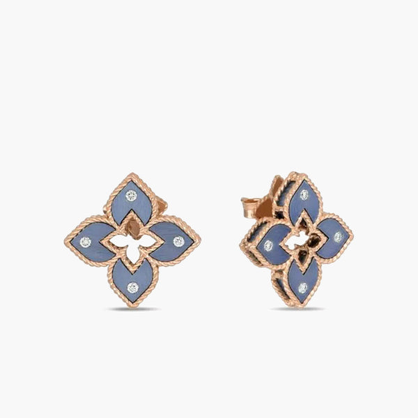 Roberto Coin Venetian Princess Blue Titanium Diamond Earrings in 18k Rose Gold