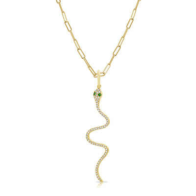 Diamond and Tsavorite Snake Pendant Paperclip Necklace - Private Label product