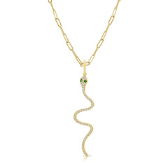 Diamond and Tsavorite Snake Pendant Paperclip Necklace