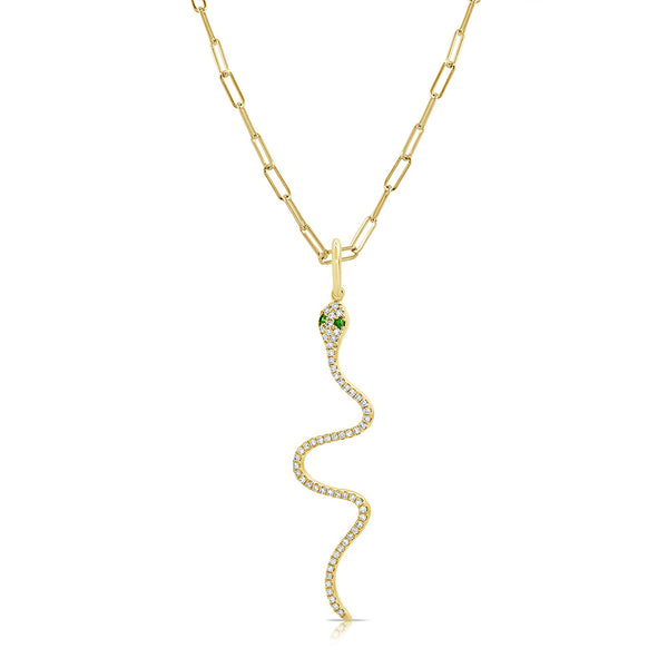 Diamond and Tsavorite Snake Pendant Paperclip Necklace