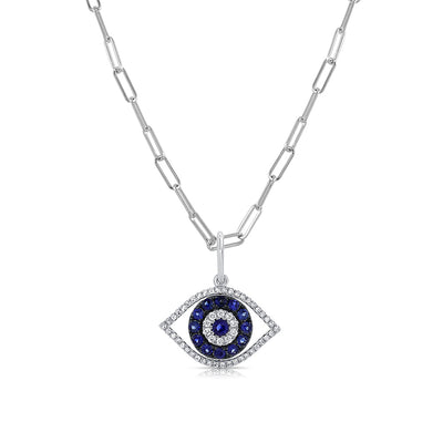 Diamond and Sapphire Evil Eye Pendant Paperclip Necklace - Private Label product