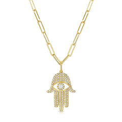 Diamond Hamsa Pendant Paperclip Necklace