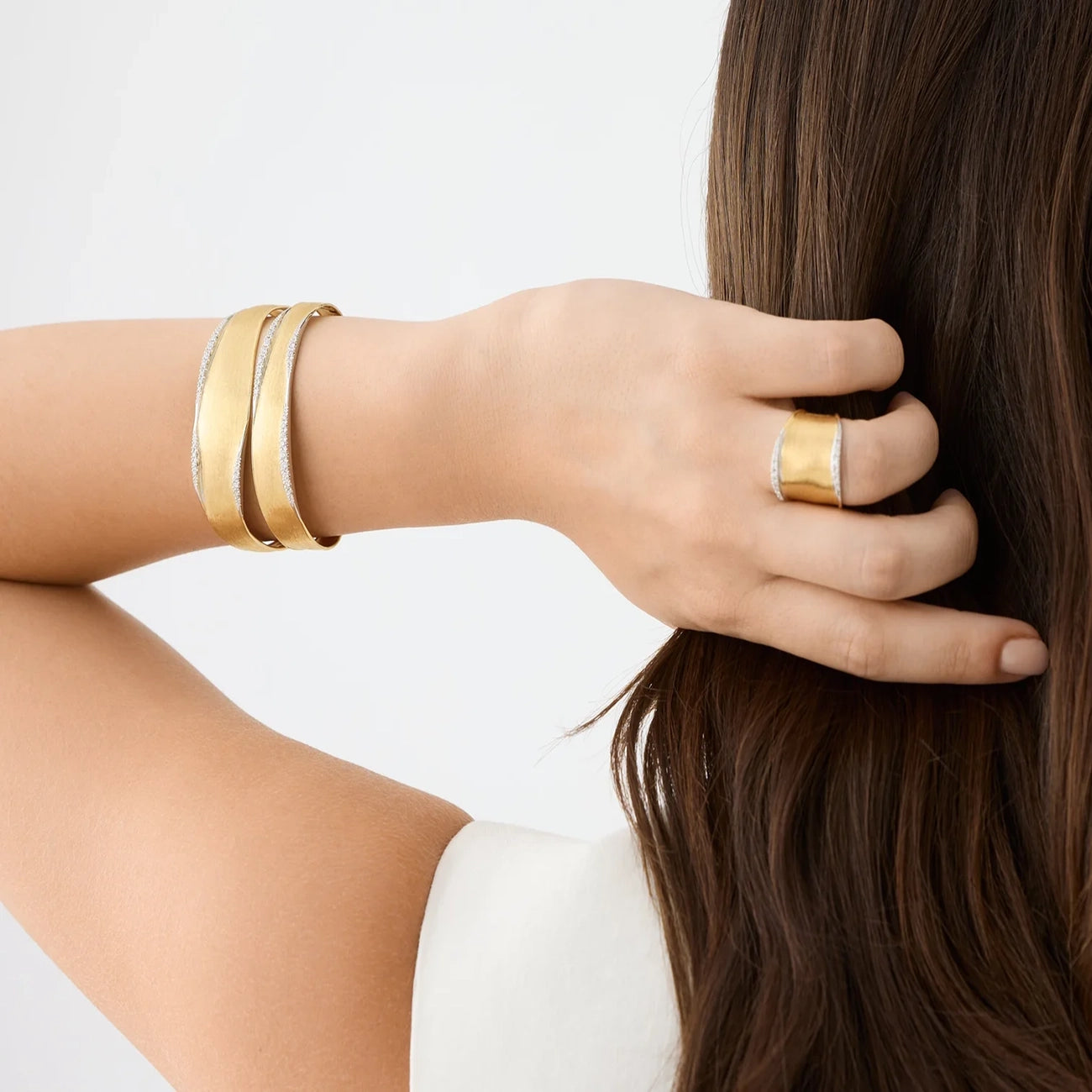 Marco Bicego Lunaria Cuff with Diamonds in 18K Yellow Gold & 18K White Gold on a woman