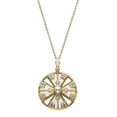 Mikimoto Yellow Gold Akoya Pearl & Diamond Yaguruma Pendant Necklace