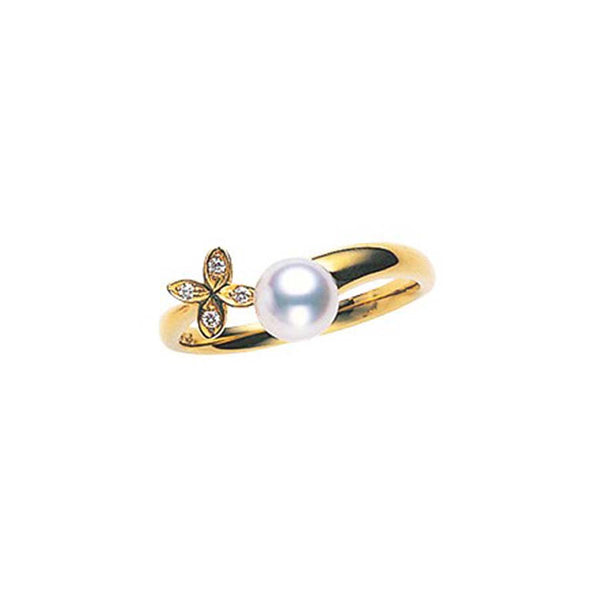 Mikimoto 6mm Akoya Pearl & Diamond Yellow Gold Clover Ring
