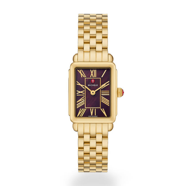 Michele Deco Park Dark Cherry Dial Gold Watch