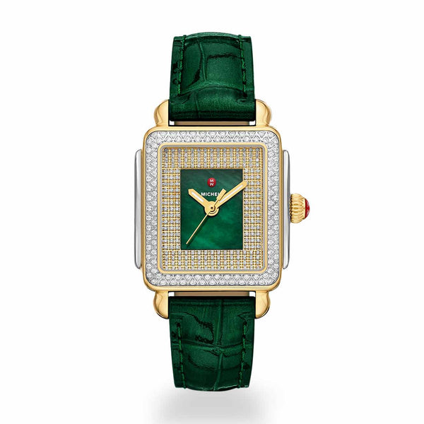 Michele Deco Mid Two-Tone Diamond Watch with Green Leather Strap
