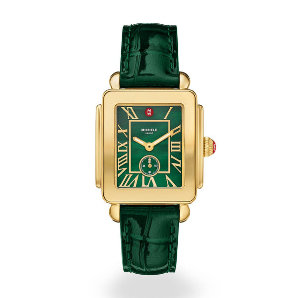 Michele Deco Sport Mid Watch with Green Leather Strap