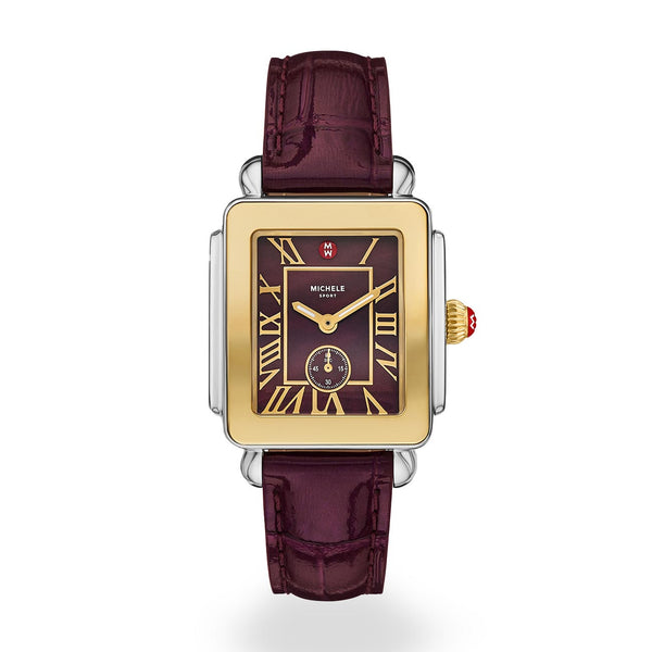 Michele Deco Mid Two-Tone Diamond Watch with Dark Cherry Leather Strap